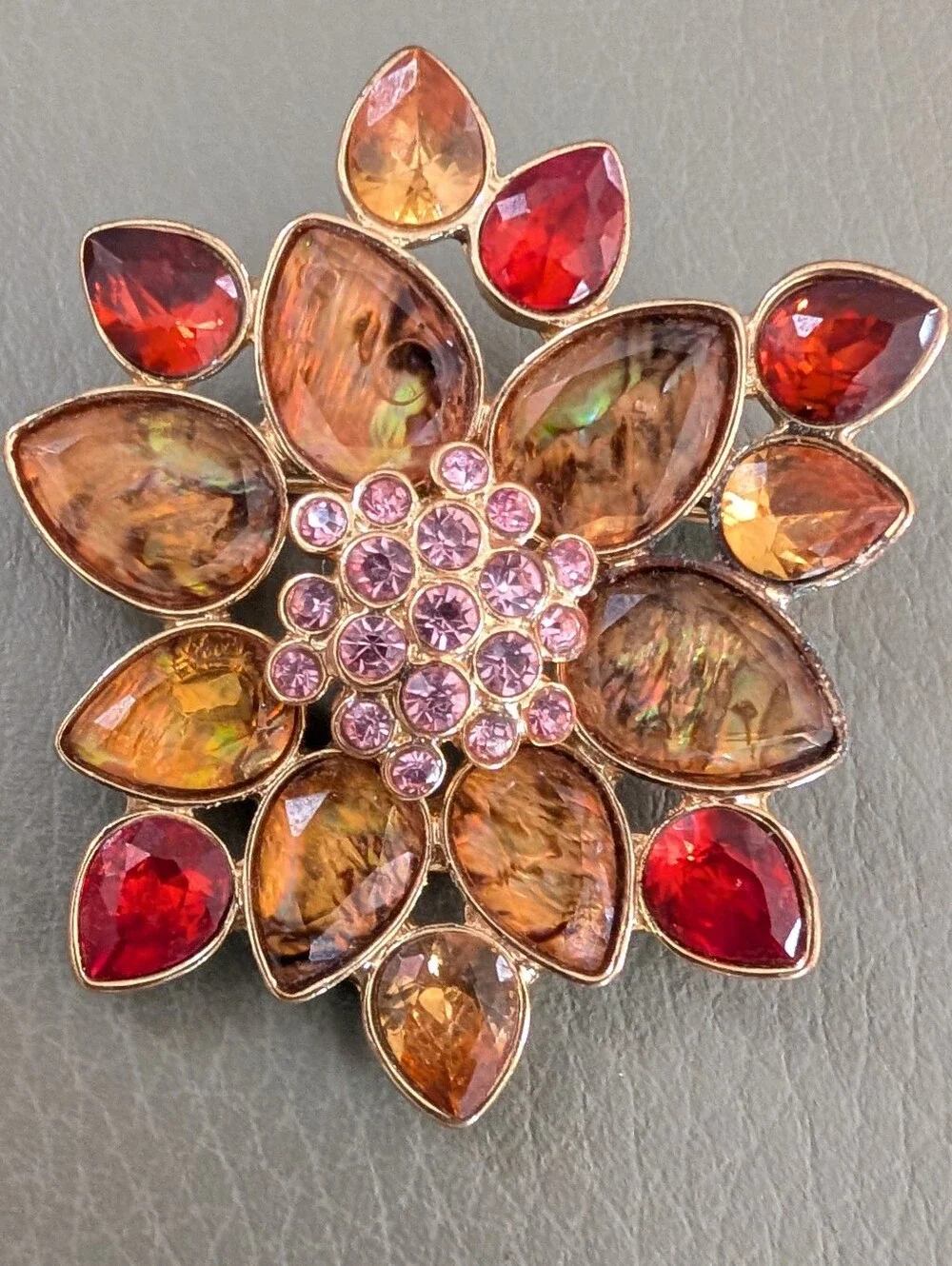 Vintage Floral Brooch with Amber, Red and Pink Stones